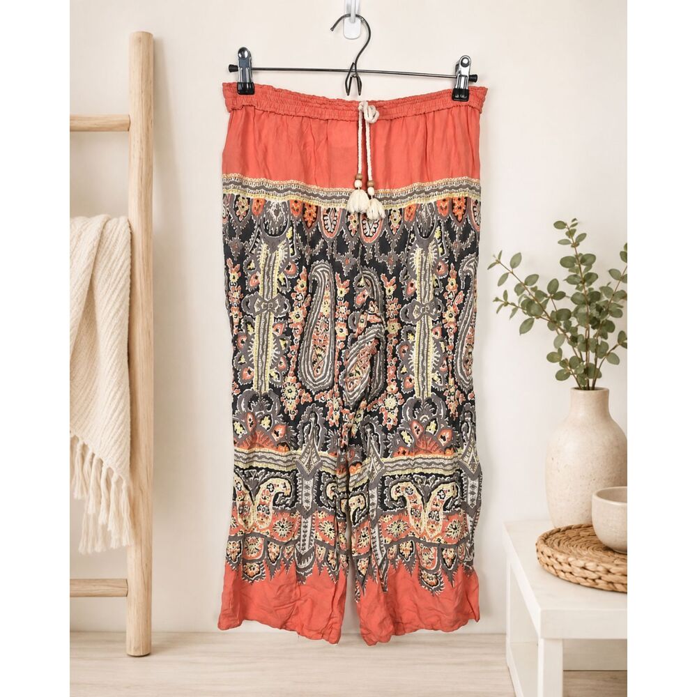 E by Eloise Anthropologie Boho Paisley Wide Leg Pants Tassel Beachy Coastal Fall